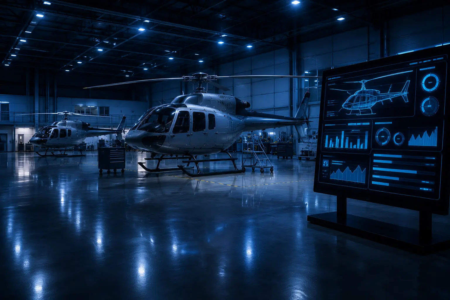 Helicopter fleet status dashboard inside a maintenance hangar.