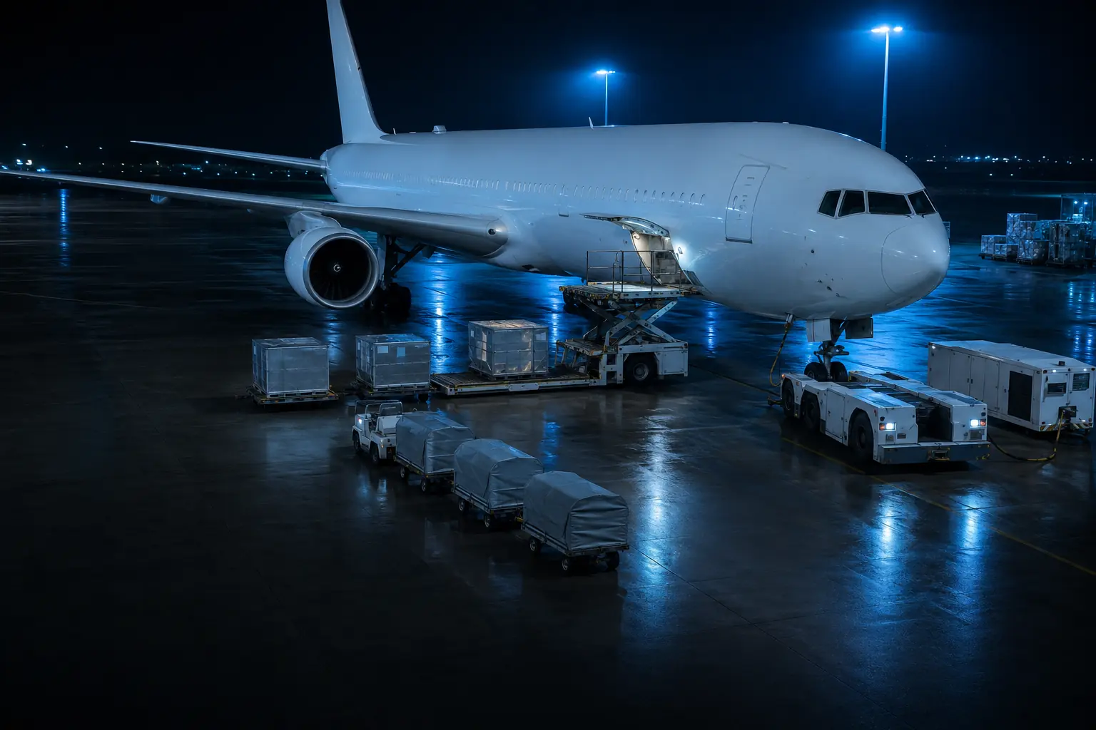 Aviation ground support equipment servicing an aircraft on the apron.