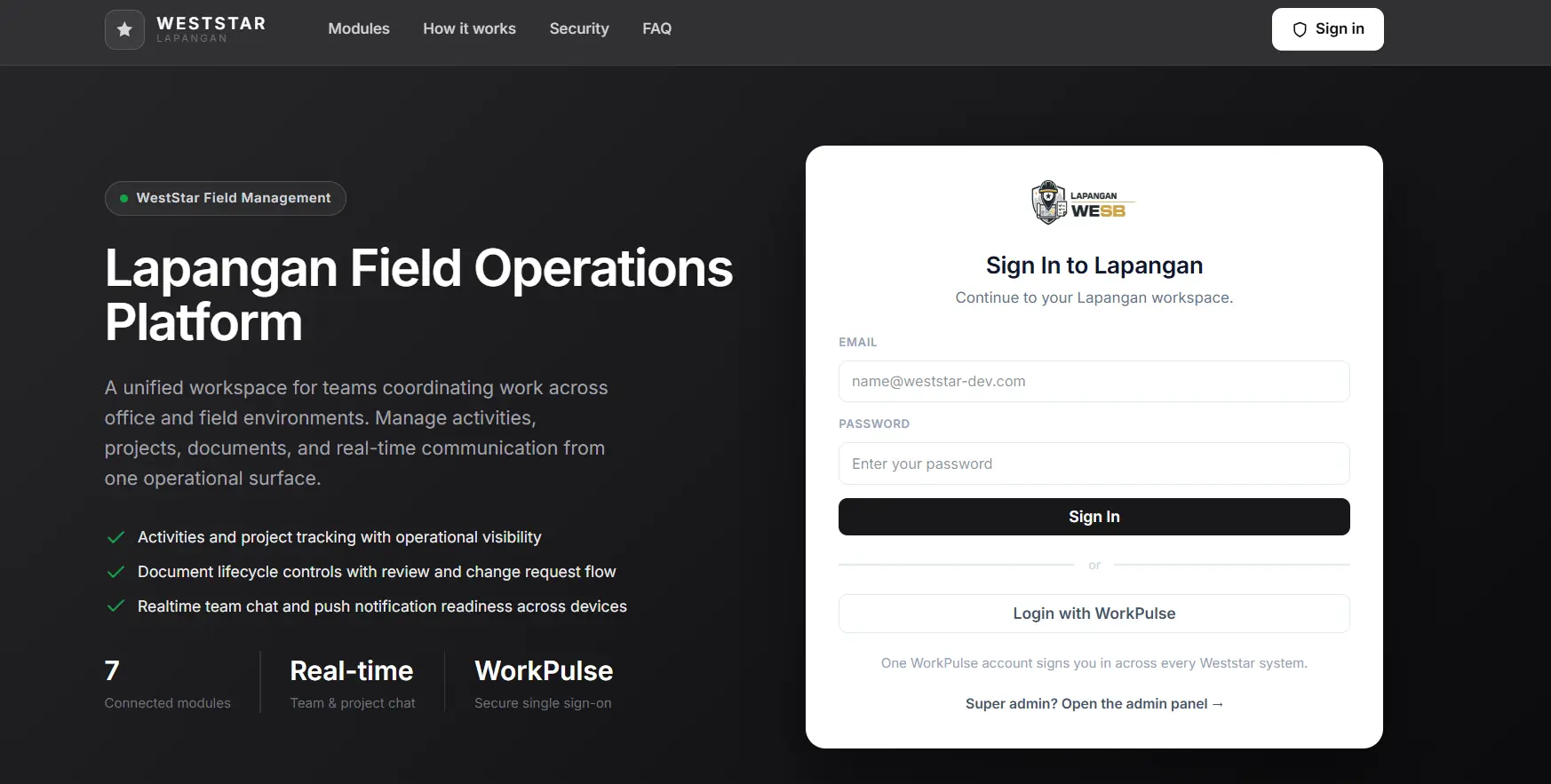 Lapangan — office and field operations workspace