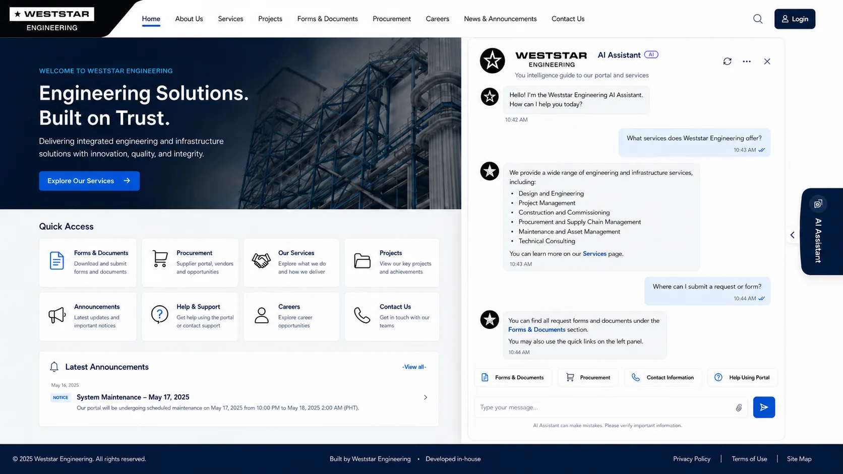 Web portal with a built-in AI assistant guiding a visitor to services and forms